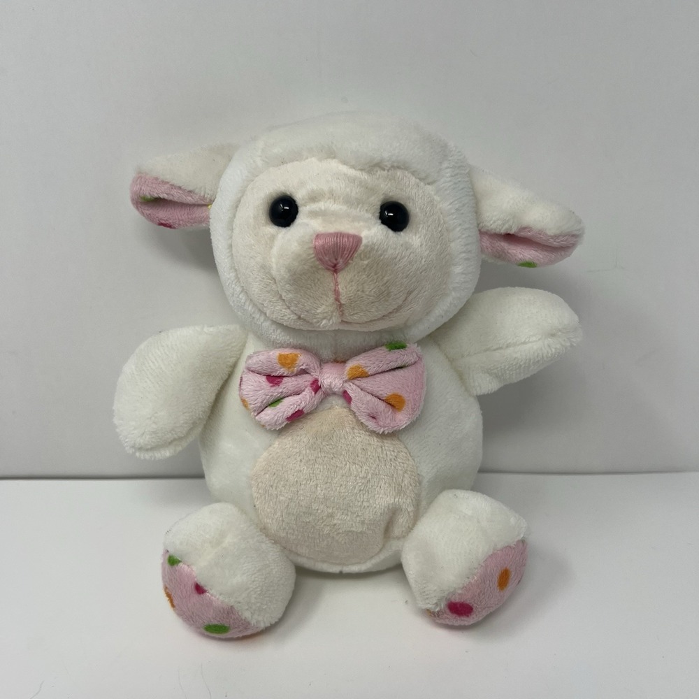 Kellytoy White Lamb Sheep Plush Pastel Bow Happy Go Fluffy Cream baby Toy 7"